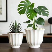 White fluted round planter set with two pots and faux plants, 3-tier scalloped rim