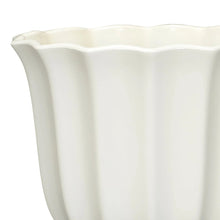 White fluted round planter cup with scalloped top edge, vertical rib sides