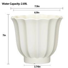 White fluted round planter with scalloped top rim and vertical ribbed sides