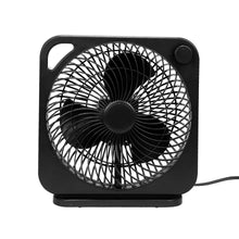 Black box-style table fan with front grille and centered fan hub