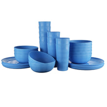 Blue plastic dinnerware set with etched checkered pattern: bowls, cups, and plates
