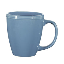 Blue stoneware mug with curved handle, wide rim, glossy finish