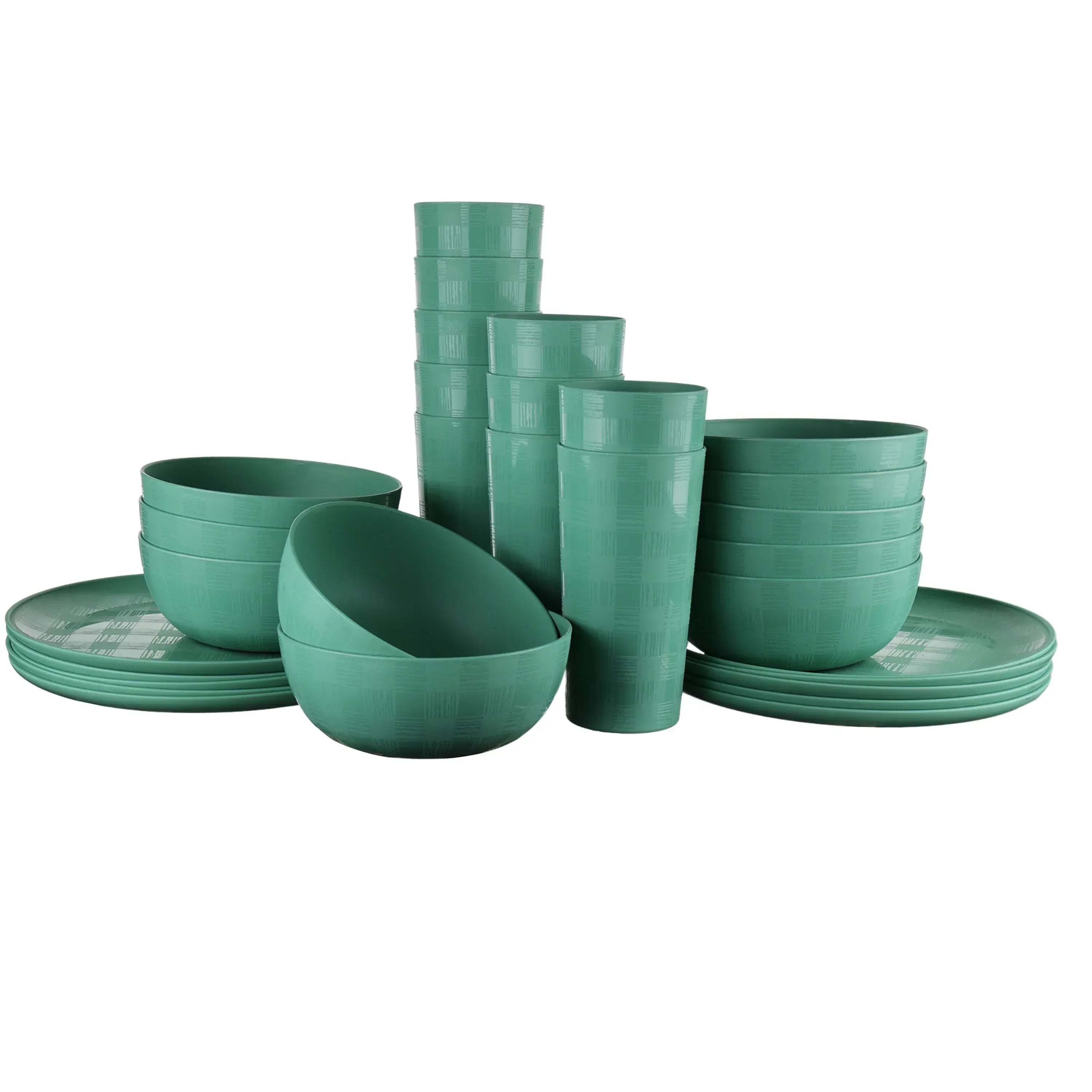Mainstays 30-Piece Blue Etched Checkered Plastic Dinnerware Set, Includes 10 Plates, 10 Bowls, 10 Tumblers