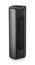 Black mini tower fan with top control panel and vertical grille vents