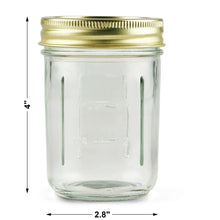 Half pint glass canning jar with gold lid, 2.8 in wide, 4 in tall