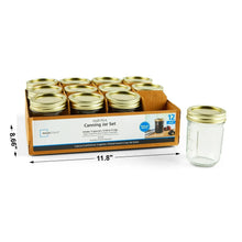 12-pack half pint canning jar set in box, with gold lids and rings