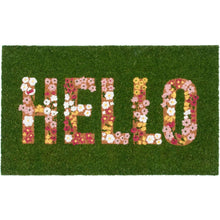 Outdoor coir doormat, green with floral “HELLO” lettering