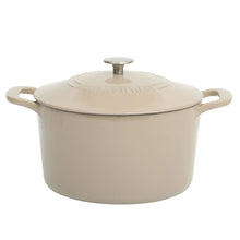 Enamel cast iron Dutch oven with lid and side handles, taupe.