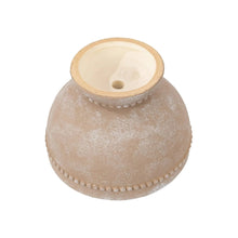 Round cream ceramic plant pot with small drainage hole and dotted trim