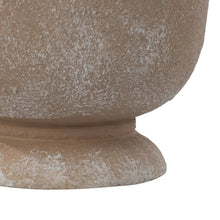 Ceramic urn planter pot, lower body close-up, textured beige with pedestal base