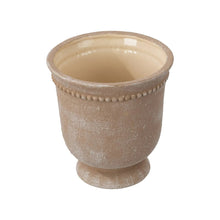 Ceramic urn planter pot, textured beige with beaded rim and glossy cream interior