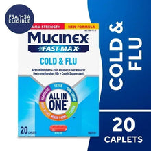 Mucinex Fast-Max Cold & Flu caplets box, red caplets, 20 count