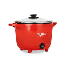 Red electric multi-cooker pot with glass lid and black top knob