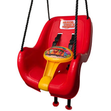 Red toddler swing with yellow stand, oval Daniel Tiger graphic, and black straps