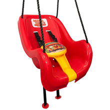 Red toddler swing with yellow front bar and oval Daniel Tiger graphic