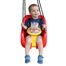 Toddler sitting on red swing seat with oval Daniel Tiger graphic and black ropes