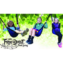 Blue travel swing hammock with black suspension straps, three riders seated