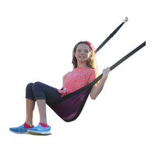 Purple fabric travel swing hammock with black webbing straps and metal clips