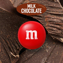 Red M-style milk chocolate candy on milk chocolate pieces
