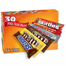 Candy assortment box front showing 30 full-size packs with Snickers and Skittles