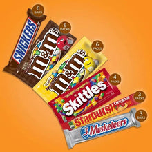 Variety pack box with Snickers, Milky Way, Skittles, Starburst, and 3 Musketeers bars