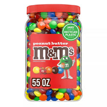 Peanut butter M&M's candy jar with red lid and colorful candy pieces, 55 oz