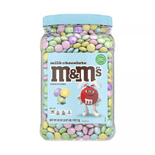 Milk chocolate Easter candy canister with pastel M&M’s candies and blue lid