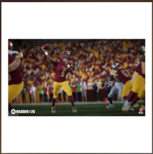 Football video game scene with maroon player raising ball amid stadium crowd