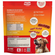 Back of bacon-style dog treat bag showing ingredients, collagen, and prebiotics