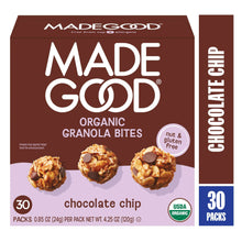 MadeGood organic chocolate chip granola minis box with 30 packs, 0.85 oz each.