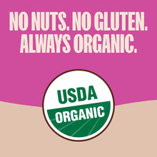 USDA Organic seal on pink packaging reading no nuts, no gluten, always organic