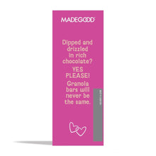 Organic granola bar box end panel with dipped and drizzled in chocolate message