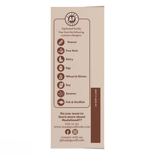 Granola bar box panel listing common allergens avoided in a dedicated facility