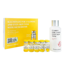 Brightening microbiome ampoule and toner set with yellow bottles and box