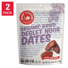 Organic pitted sun-dried Deglet Noor dates pouch with dates shown, 2-pack