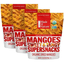 Three-pack organic dried mango snack bags, sweet and tangy, USDA organic, no sugar added