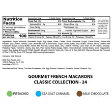 Nutrition facts panel for gourmet French macarons with flavor list beneath
