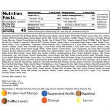 Nutrition facts panel for chocolate bonbons with ingredient and allergen text