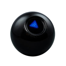 Magic 8 Ball, black sphere top with glowing blue screen