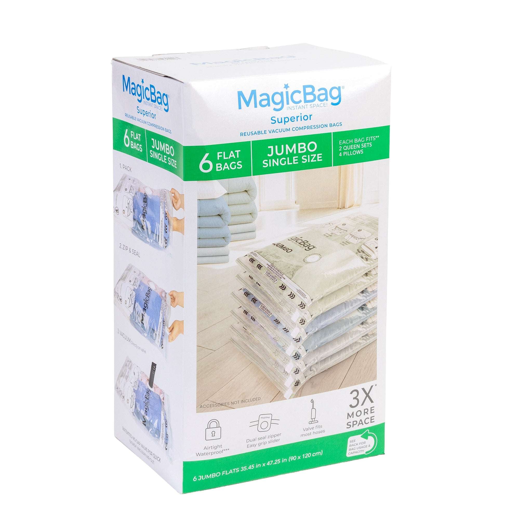 MagicBag Jumbo Vacuum Storage Bags, 4 Pack Flat Compression Bags for Bedding, Space Saving & Airtight