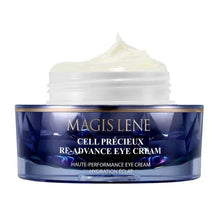Eye cream jar with white cream scoop, open top and blue glass