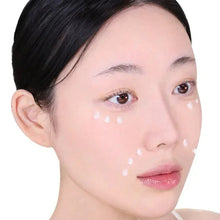 Eye cream set applied under eyes on face, visible cream dots and dewy skin