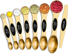 Gold double-ended measuring spoons set with leveler, stainless finish, multiple sizes
