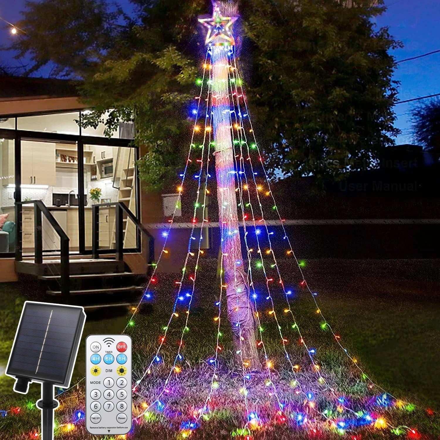 Magotan 12ft 350 LED Waterfall Christmas Lights Outdoor Decoration Twinkle Solar Christmas Tree String Lights with Top Star Xmas Holiday Garden Yard Decoration, Warm White - USA MEGA SHOP
