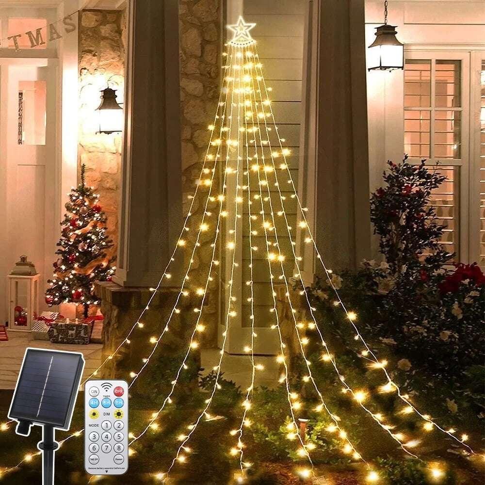Magotan 12ft 350 LED Waterfall Christmas Lights Outdoor Decoration Twinkle Solar Christmas Tree String Lights with Top Star Xmas Holiday Garden Yard Decoration, Warm White - USA MEGA SHOP