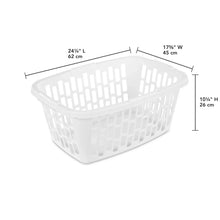 White rectangular laundry basket with visible length, width, and height markings