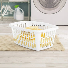 White rectangular laundry basket with open top, holding a bar of soap
