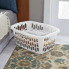 White rectangular laundry basket filled with folded towels