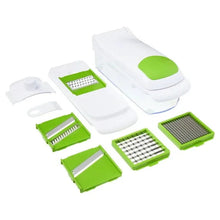 Multi-function mandoline slicer set with white housings and green grater and slicer inserts