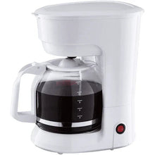 White 12-cup drip coffee maker with transparent carafe and brew indicator window
